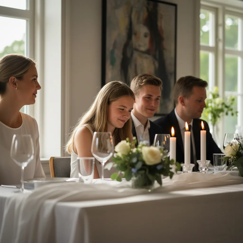 Konfirmand og forældre ved højbordet under en tale, set fra siden i blødt sidelys